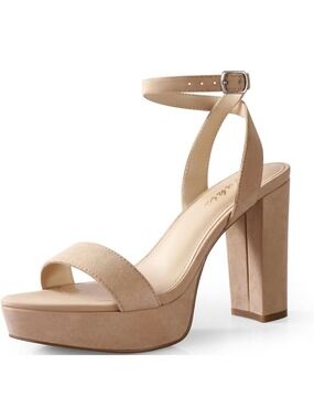 Platform Block Heel Ankle Strap  Suede Sandal - Nude